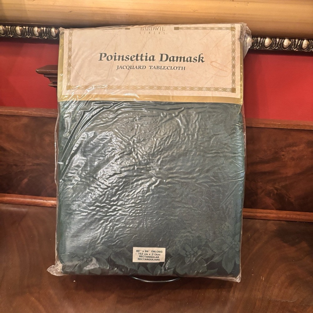 Bardwil Poinsettia Damask Jacquard Tablecloth Green 60x84 Christmas Holiday NIP